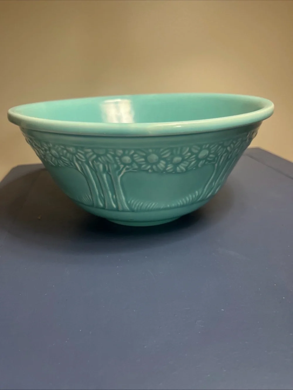 Vintage Homer Laughlin aqua/teal mixing bowl with Apple Tree pattern